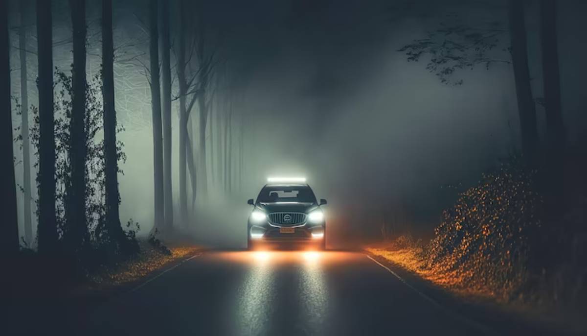 A car with bright headlights navigates a dim, foggy forest road, surrounded by tall trees and eerie shadows.