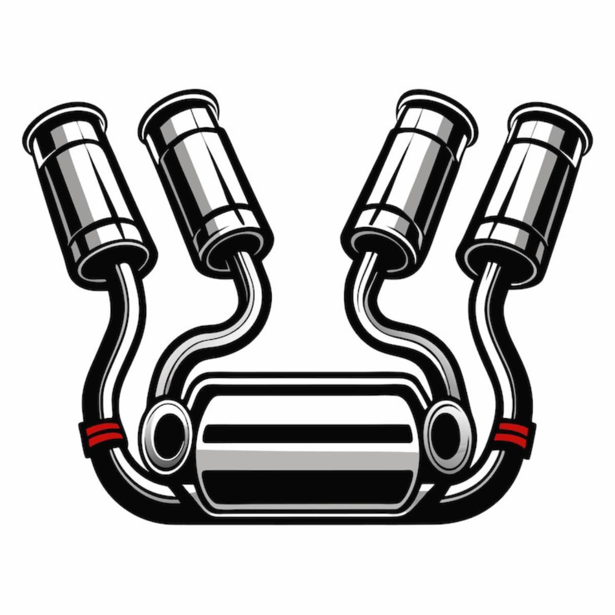 Stylized graphic of a car exhaust system with three chrome tips, connected by curved pipes and a central muffler.