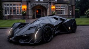 Futuristic black sports car parked in front of a grand mansion, showcasing sleek lines and dramatic lighting against a landscaped backdrop.
