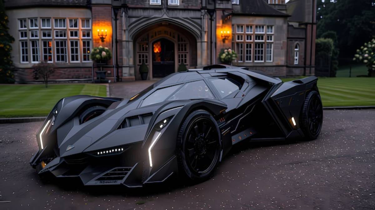 Futuristic black sports car parked in front of a grand mansion, showcasing sleek lines and dramatic lighting against a landscaped backdrop.