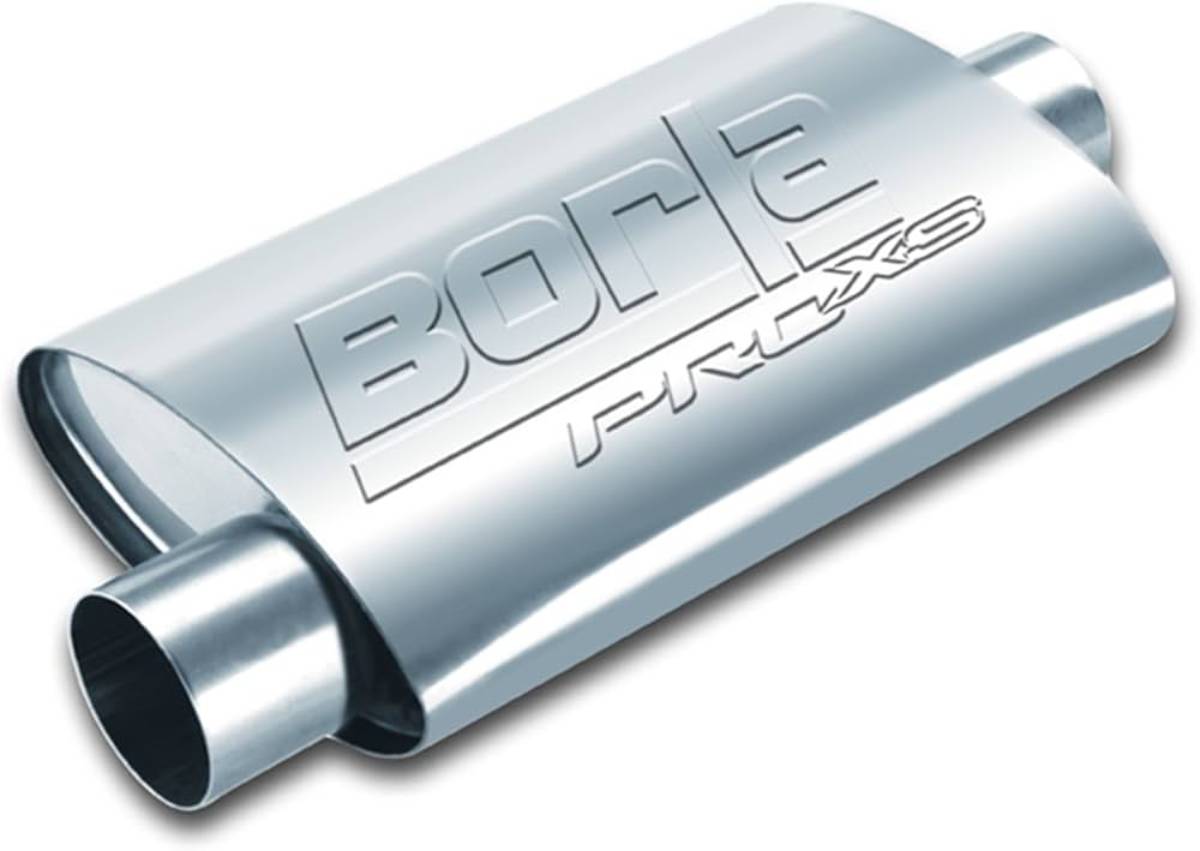 A shiny stainless steel Borla ProXS muffler with a polished finish and engraved logo on the side, designed for improved exhaust flow.