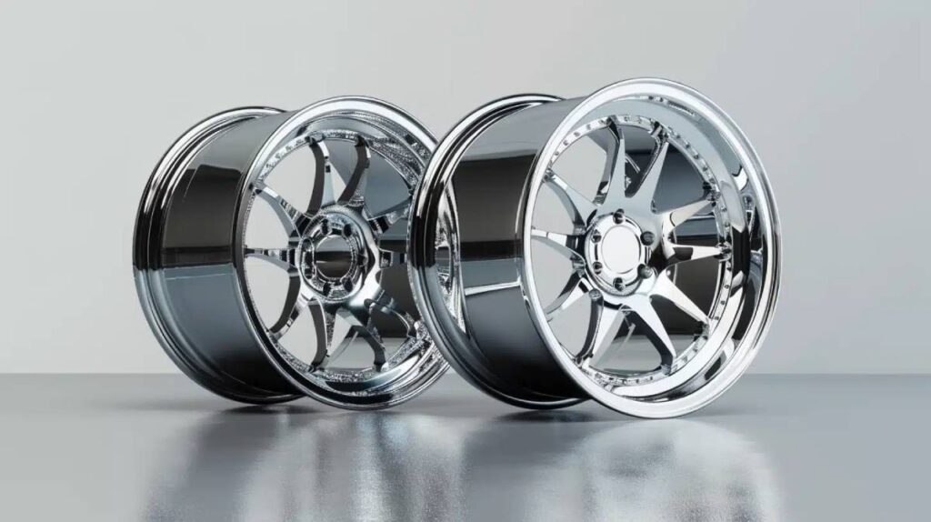 Two gleaming chrome car wheels are displayed on a reflective surface, showcasing intricate designs and polished finishes.