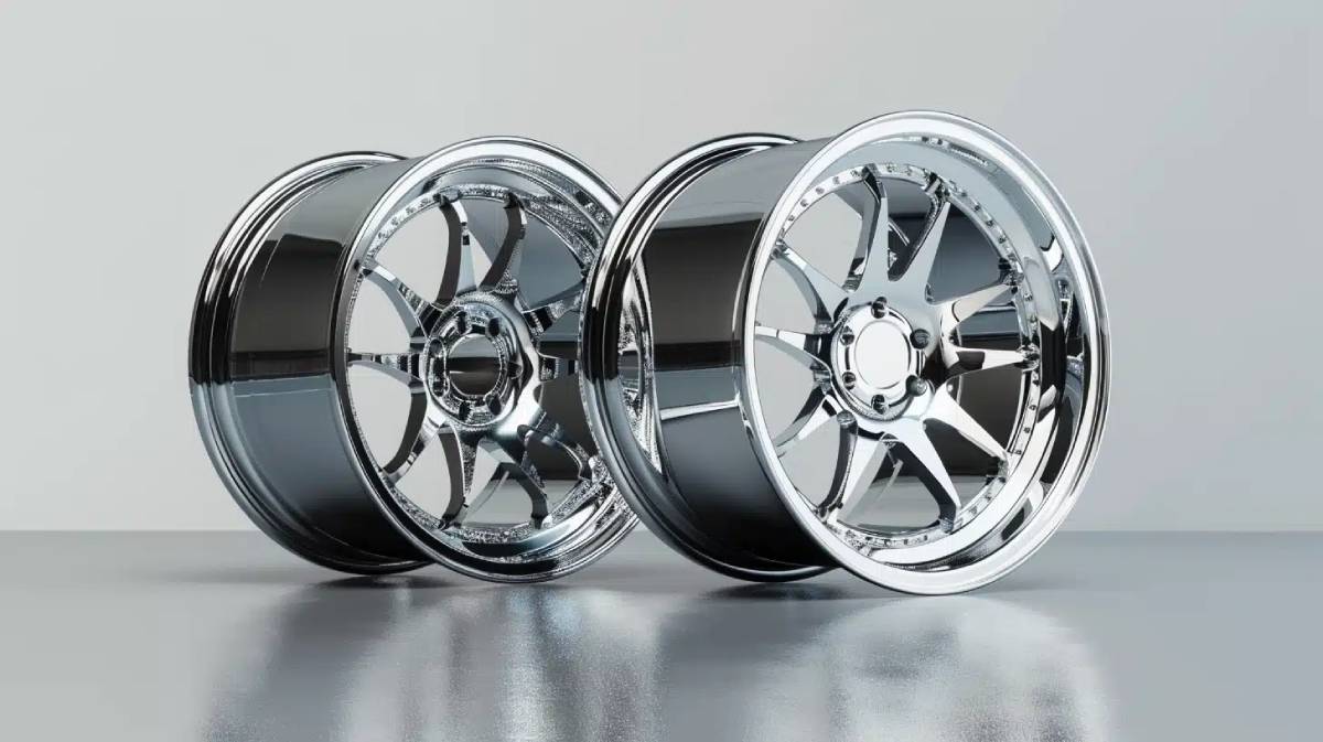 Two gleaming chrome car wheels are displayed on a reflective surface, showcasing intricate designs and polished finishes.
