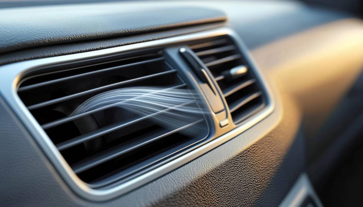 Airflow visualization from a car's vent, illustrating cool air streaming out in vibrant blue lines against a dark dashboard background.
