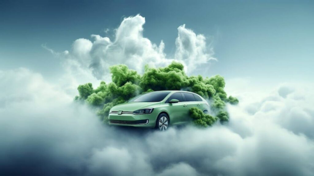 A green electric car surrounded by vibrant green smoke, set against a backdrop of serene clouds and a tranquil sky.