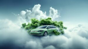 A green electric car surrounded by vibrant green smoke, set against a backdrop of serene clouds and a tranquil sky.