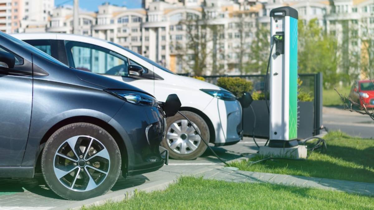 Two electric cars, one gray and one white, are charging at a station amidst green grass and urban buildings in the background.