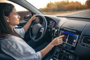 A driver navigates while touching the car’s touchscreen GPS, with a scenic road and trees in the background.