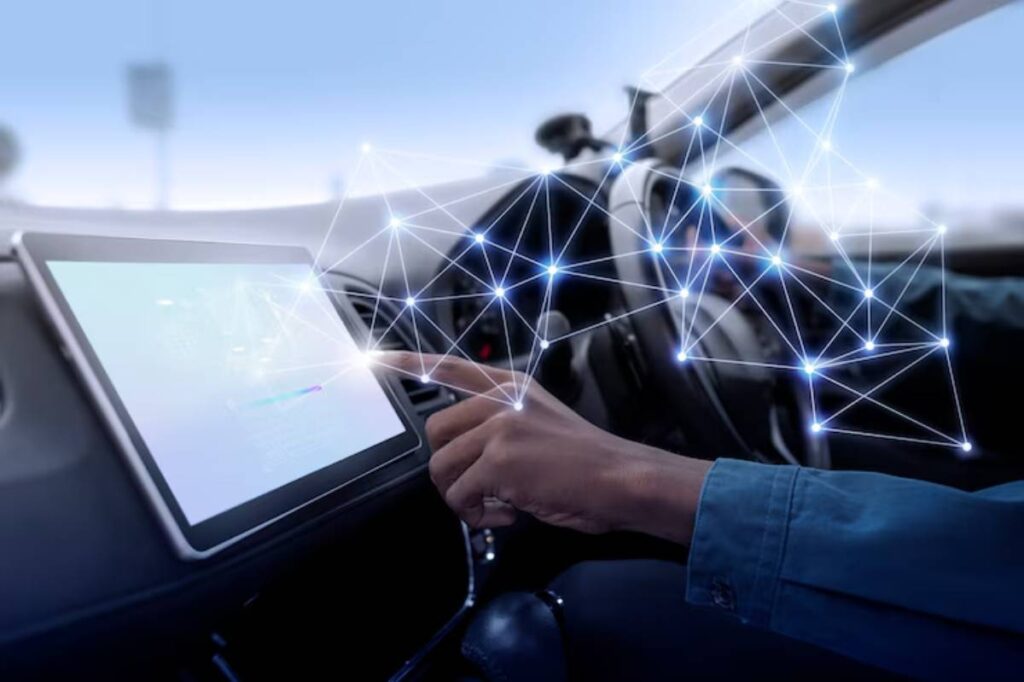 A person in a car uses a touchscreen tablet, interacting with a digital network interface represented by glowing lines and nodes.
