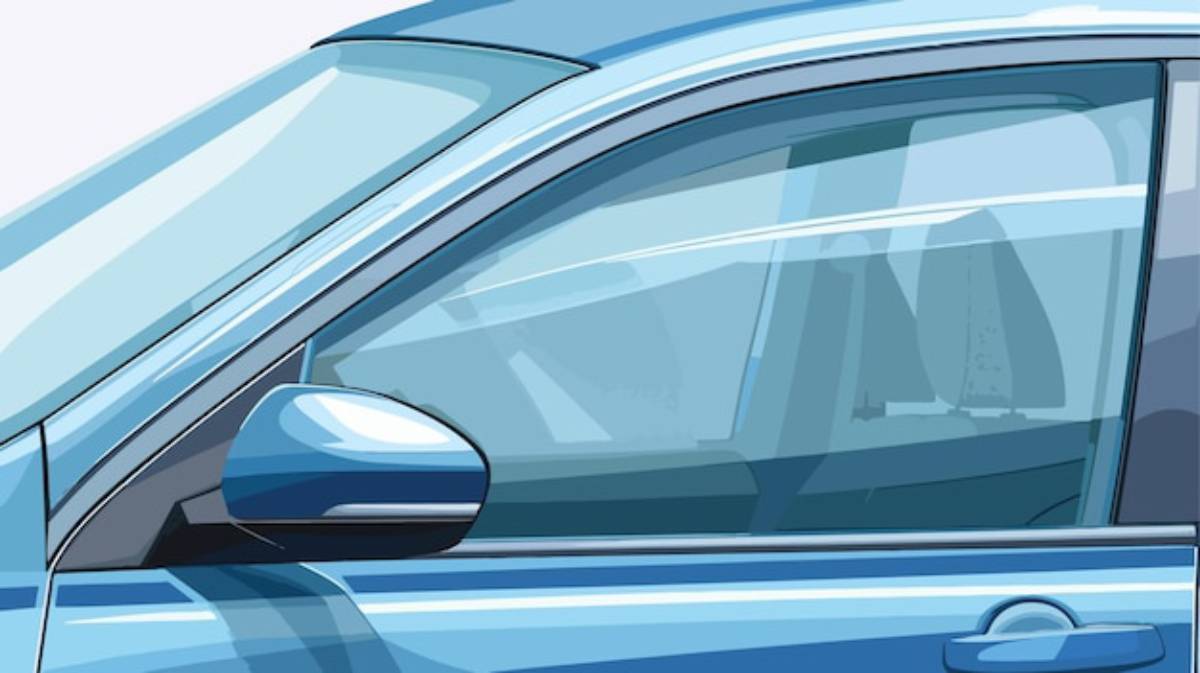 Close-up of a blue car's side profile, featuring the window, mirror, and sleek design elements.