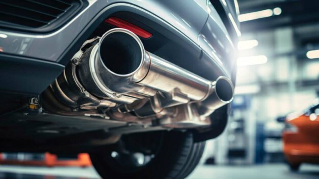 Close-up of a car's dual exhaust system, showcasing shiny stainless steel pipes under a vehicle in a well-lit garage.