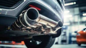 Close-up of a car's dual exhaust system, showcasing shiny stainless steel pipes under a vehicle in a well-lit garage.