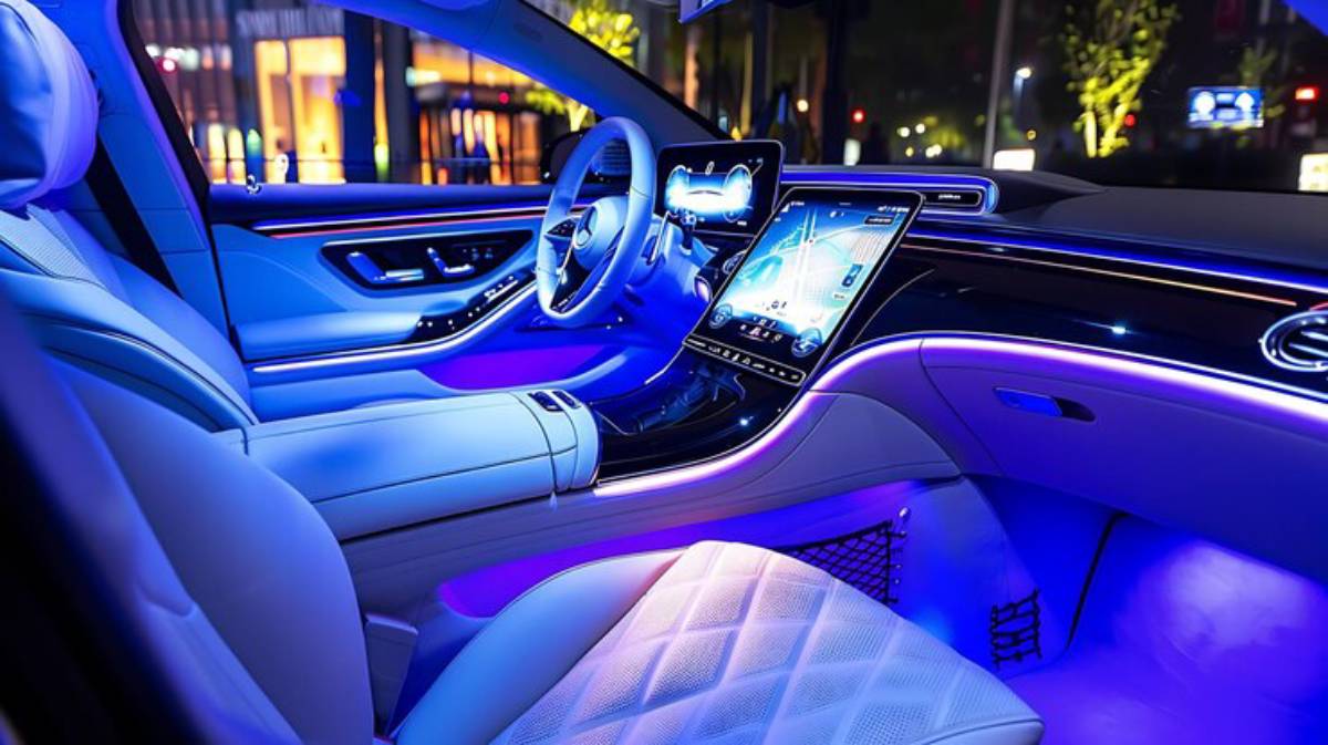Luxurious car interior with white leather seats, a large touchscreen display, and ambient blue lighting for a modern look.