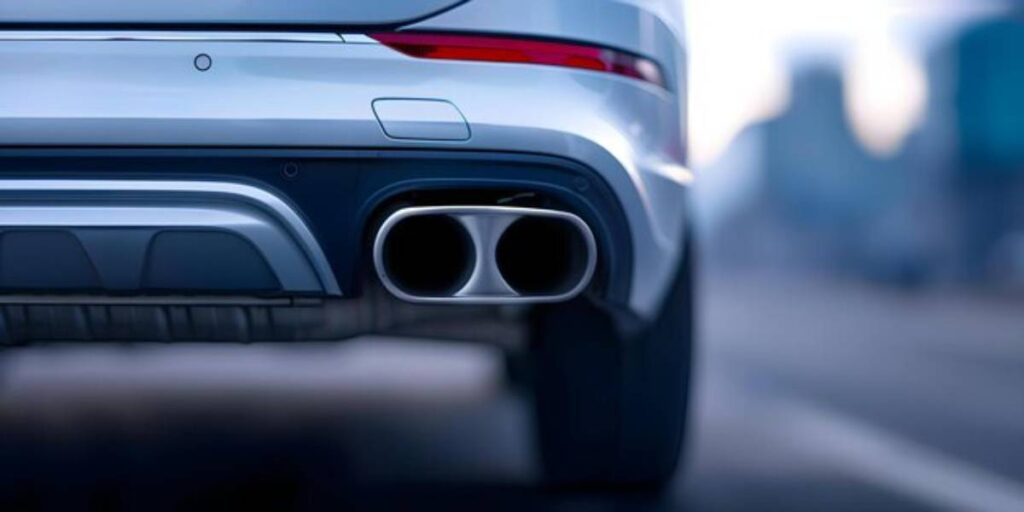 Close-up of a sleek car's rear, highlighting dual chrome exhaust tips against a blurred urban background.