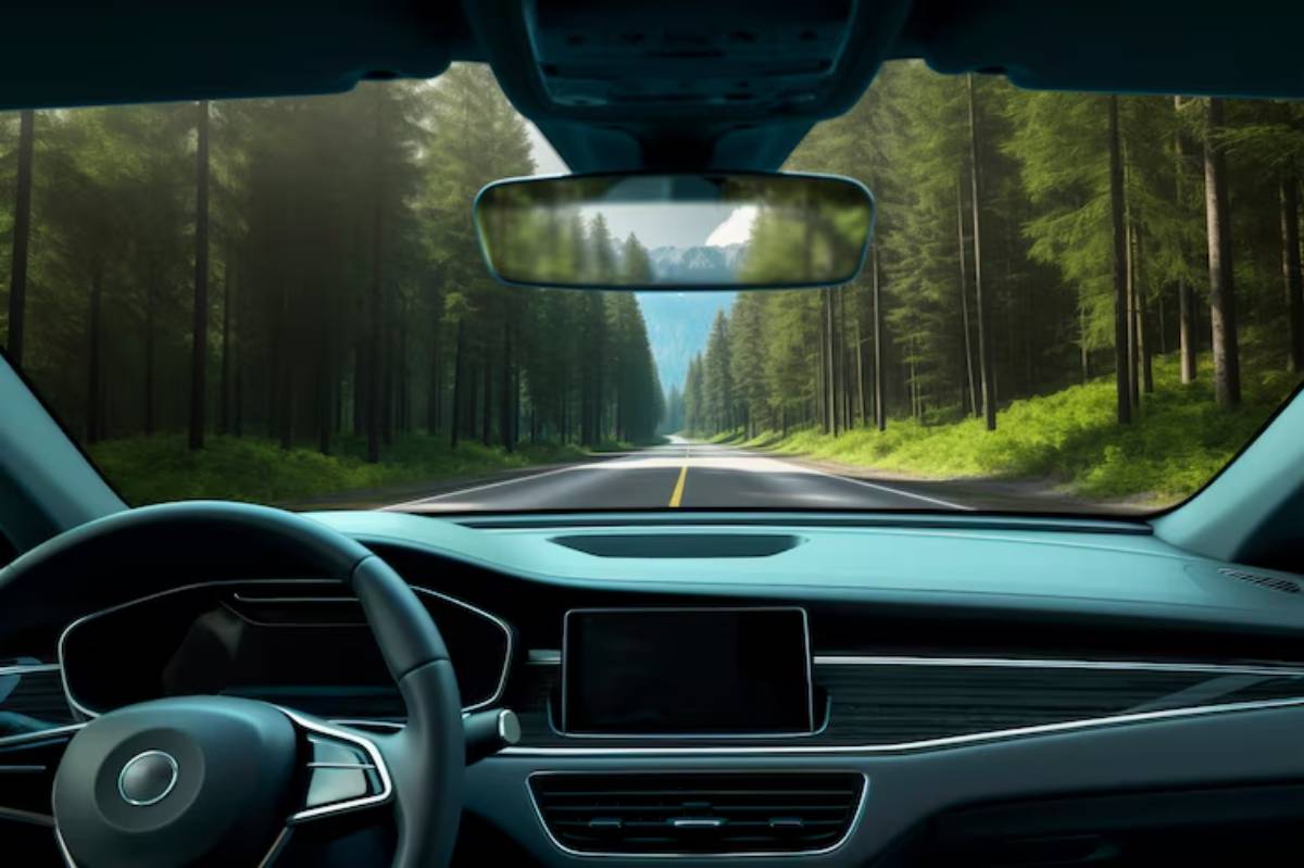 Interior view of a car dashboard overlooking a tree-lined road leading into the mountains, with a clear sky visible ahead.