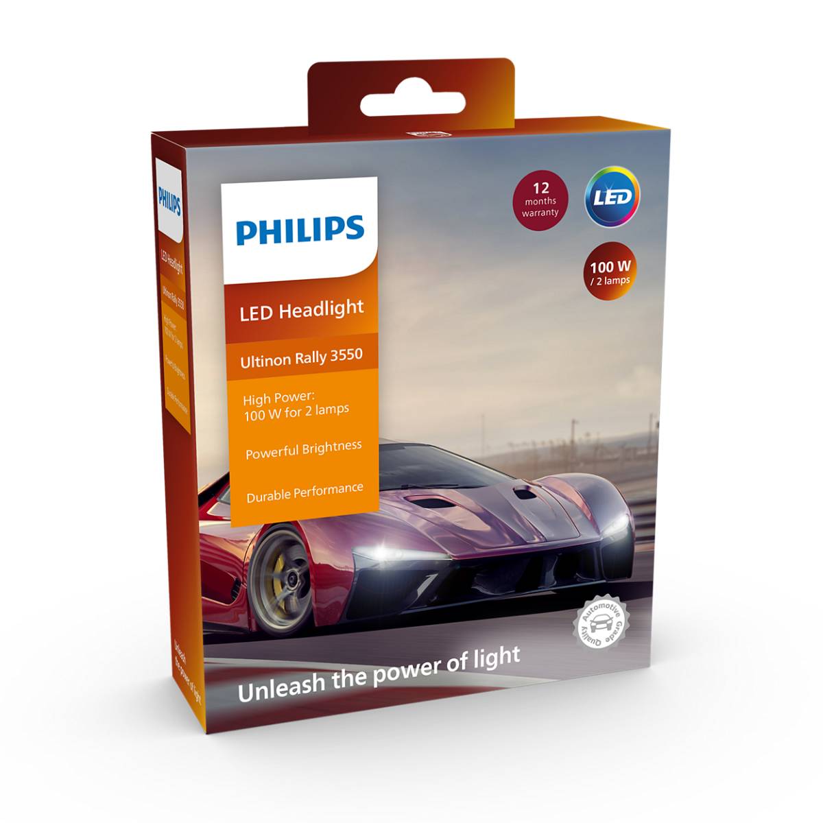 Philips Ultinon Rally 3550 LED headlight packaging featuring a high-performance car, highlighting powerful brightness and durability.