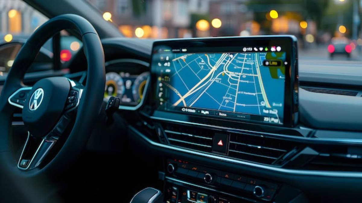 A Volkswagen car interior features a sleek steering wheel and a digital navigation display showing a city map at night.