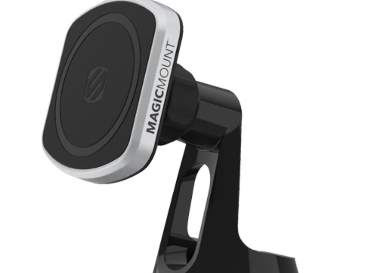 Close-up of a black and silver MagicMount phone holder, designed for secure magnetic attachment in vehicles or on surfaces.