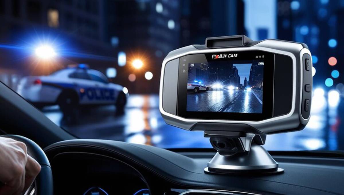 A close-up of a car dashboard camera displaying police lights in a rainy cityscape, with a hand on the steering wheel.
