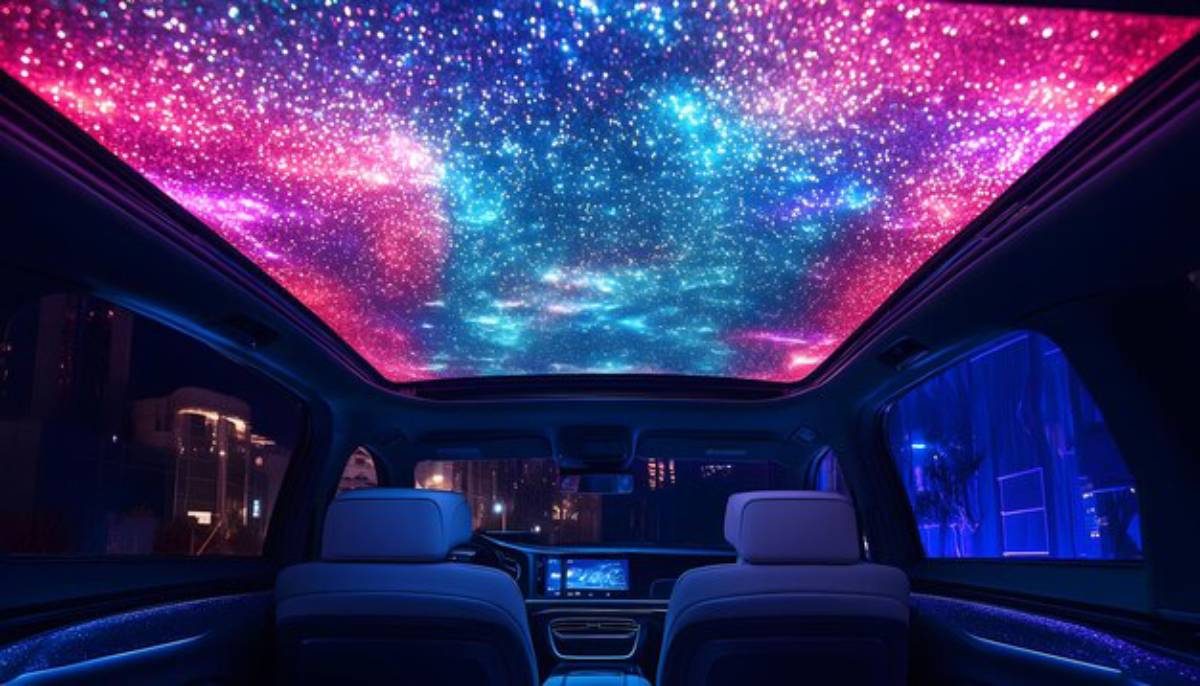 The interior of a car features a stunning, colorful starry sky ceiling, illuminated in vibrant pinks, blues, and purples.