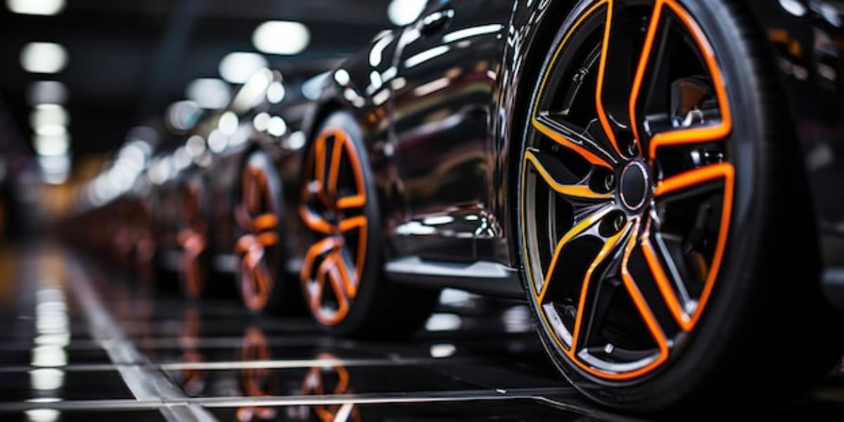 A row of sleek black cars with stylish wheels featuring vibrant orange accents, shot in a dimly lit automotive showroom.