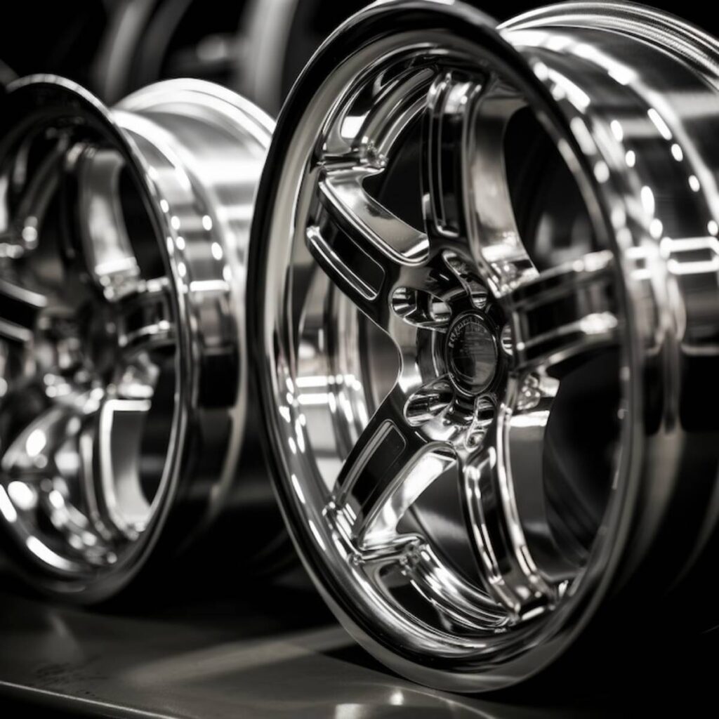 Close-up of shiny, polished chrome alloy wheels, showcasing intricate designs and reflections against a dark background.