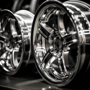 Close-up of shiny, polished chrome alloy wheels, showcasing intricate designs and reflections against a dark background.