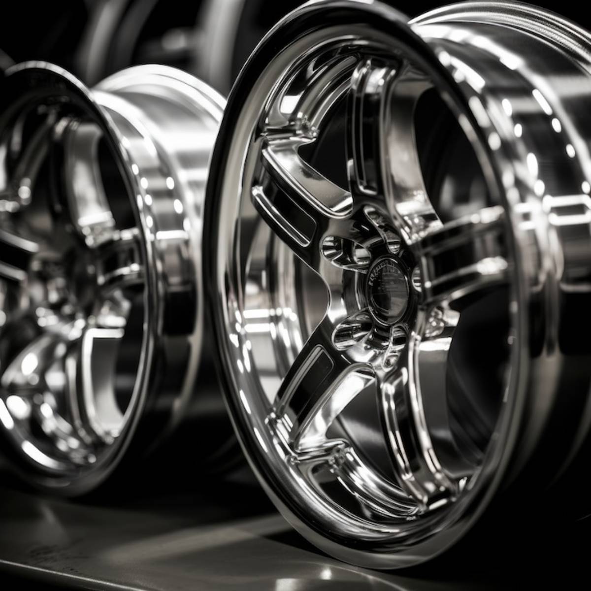 Close-up of shiny, polished chrome alloy wheels, showcasing intricate designs and reflections against a dark background.