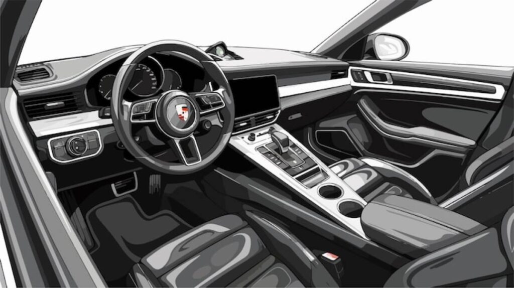 A sleek, modern car interior featuring a stylish dashboard, leather seats, and a high-tech center console.