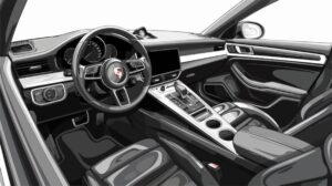 A sleek, modern car interior featuring a stylish dashboard, leather seats, and a high-tech center console.