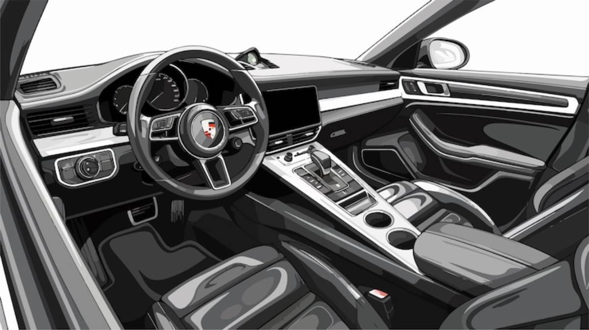 A sleek, modern car interior featuring a stylish dashboard, leather seats, and a high-tech center console.