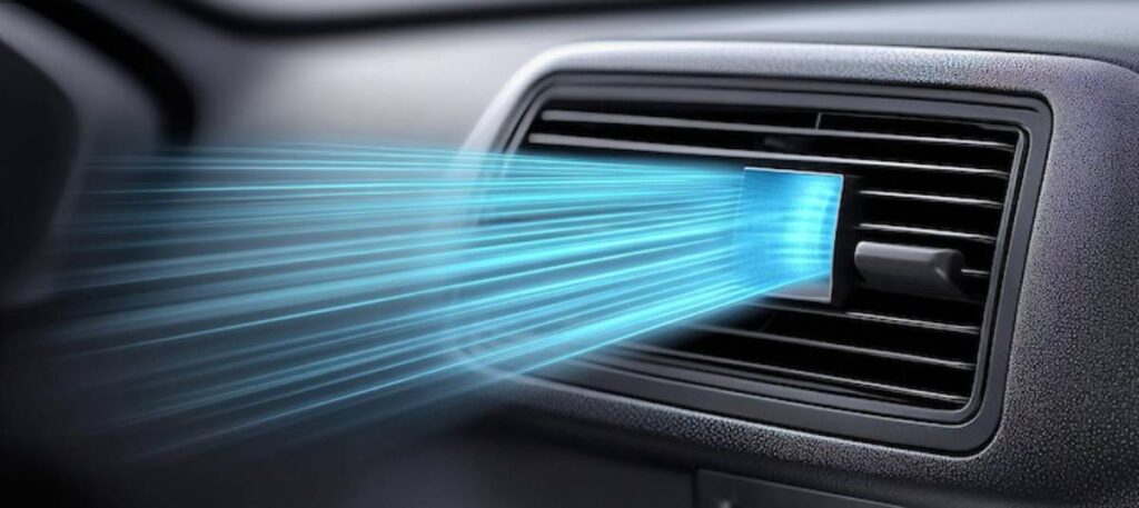 Airflow visualization from a car's vent, illustrating cool air streaming out in vibrant blue lines against a dark dashboard background.
