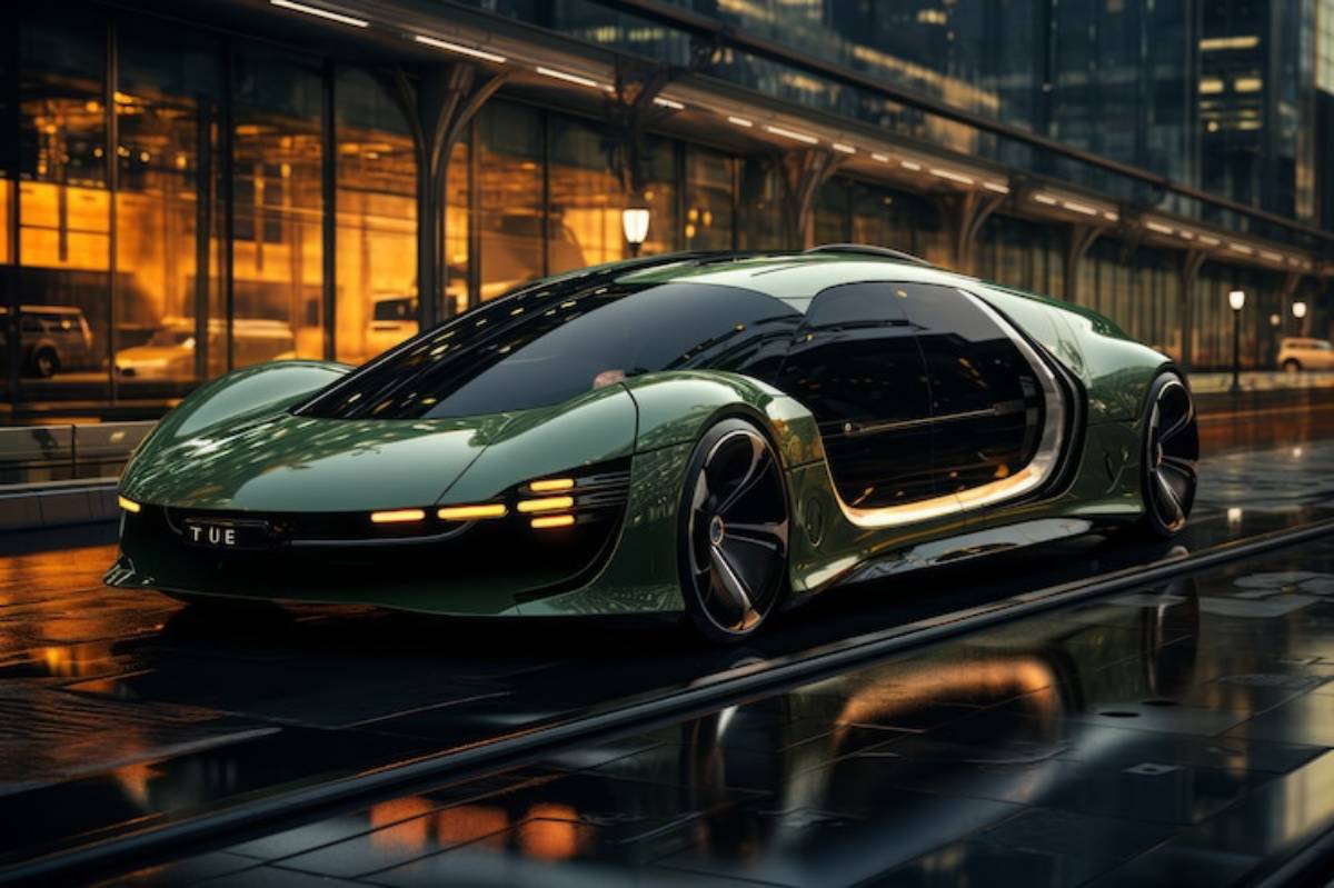 Futuristic green electric car with sleek design, illuminated accents, parked in a modern urban setting at dusk.
