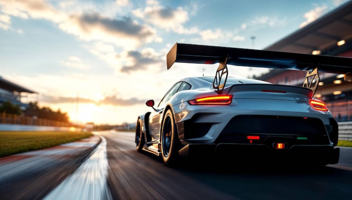 A sleek racing car with a large rear wing speeds down a track at sunset, showcasing its aerodynamic design and vibrant lights.