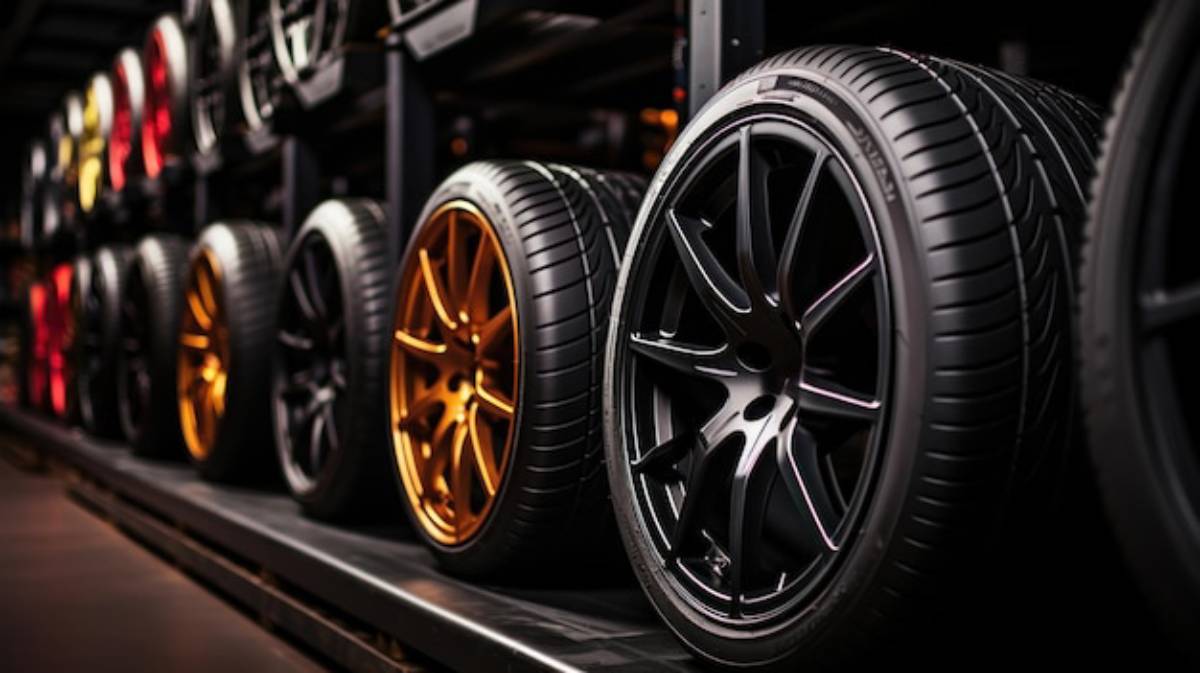 A display of high-performance tires in various colors, including sleek black and shiny gold, arranged on shelves for easy viewing.
