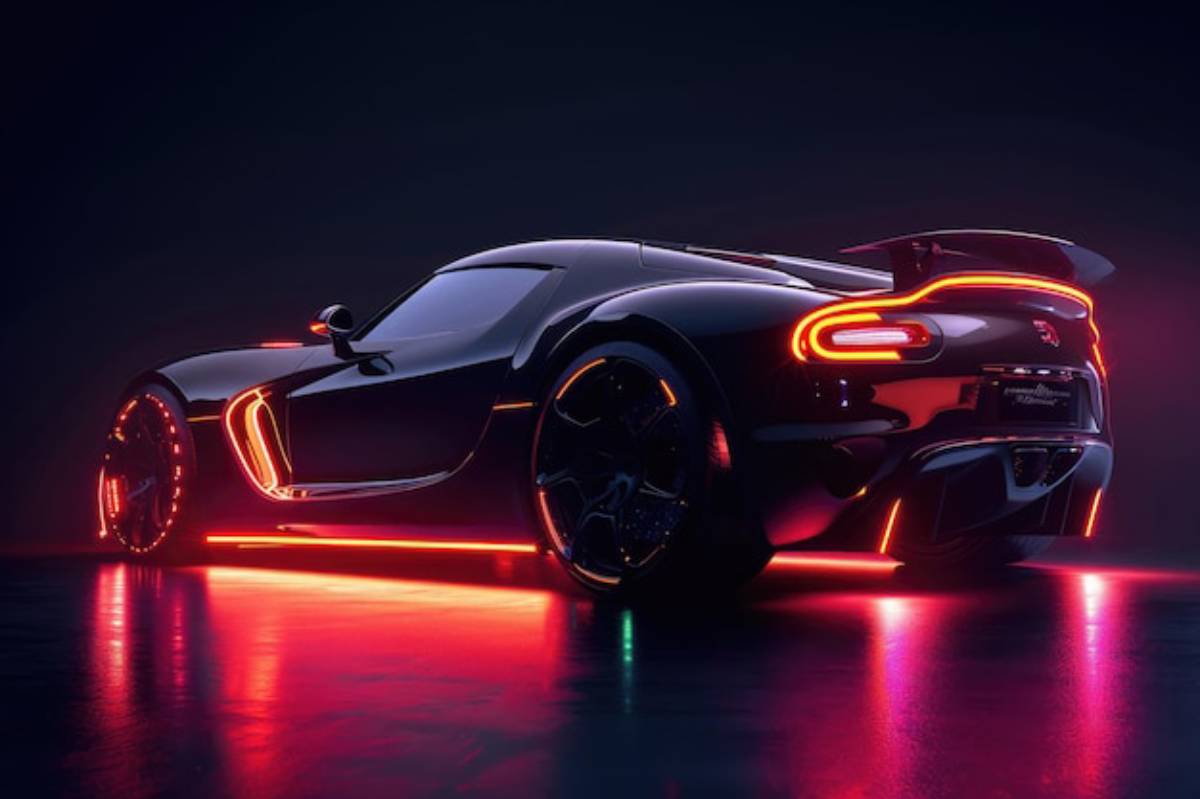 A sleek black sports car with glowing neon accents, set against a dark background, showcasing its modern design and futuristic vibes.