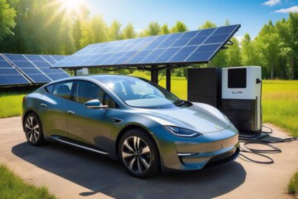 A sleek electric car parked beside solar panels and a charging station, set in a sunny, green landscape.